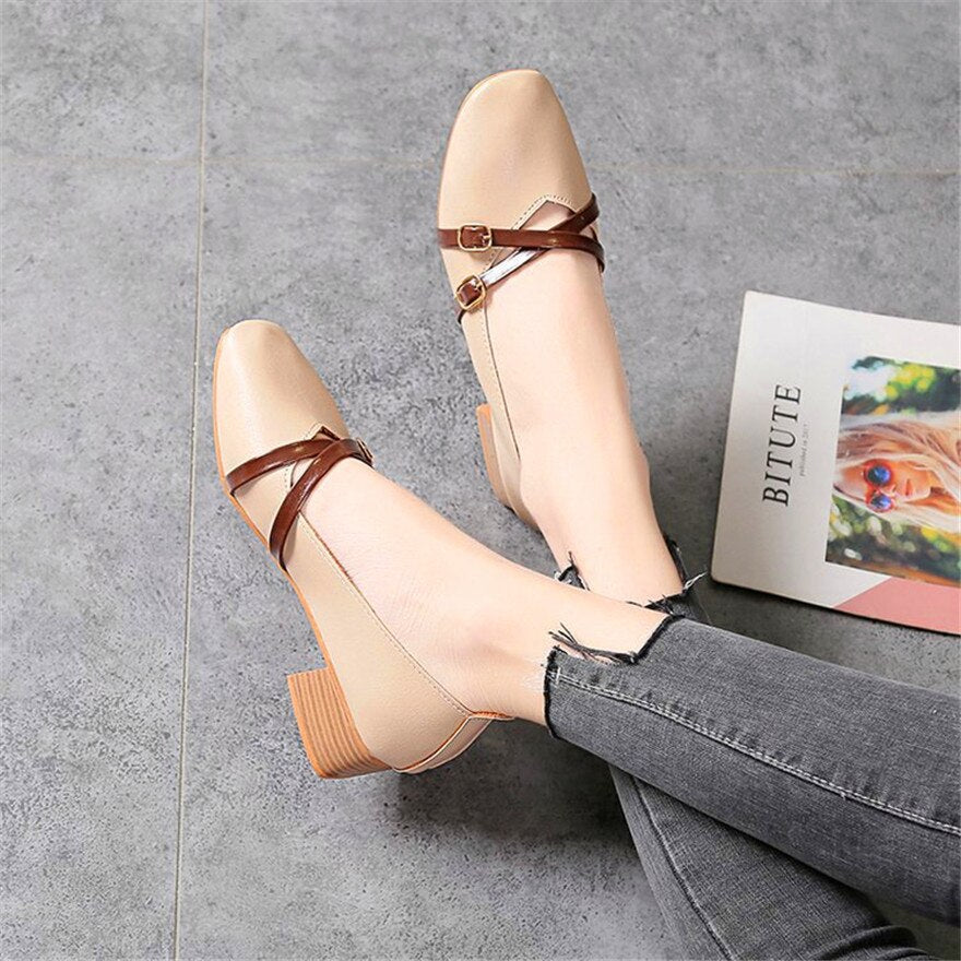 jinran Casual Women Shoes 2022 New Fashion Belt Buckle Shallow Woman Pumps Square Toe Soft Leather Med Heels Work Ladies Pregnant Shoes