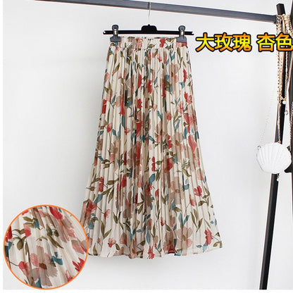 jinran Women Summer Boho Chiffon Long Skirt Elegant Floral Print Pleated Skirts Elastic High Waist Casual Midi Skirt Women Clothes 2021