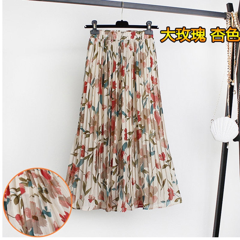 jinran Women Summer Boho Chiffon Long Skirt Elegant Floral Print Pleated Skirts Elastic High Waist Casual Midi Skirt Women Clothes 2021