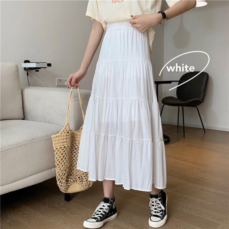 jinran Women High Waist Elegant Wild A Line Cake Skirts Summer Korean Solid White Black Chiffon Shirts Beach Vacation Midi Shirts