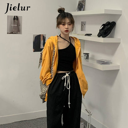 jinran Autumn Zipper New Hoodie Women Solid Color Korean Loose Pocket Hoodies Female Chic Slim Black Sweatshirt 12 Colors