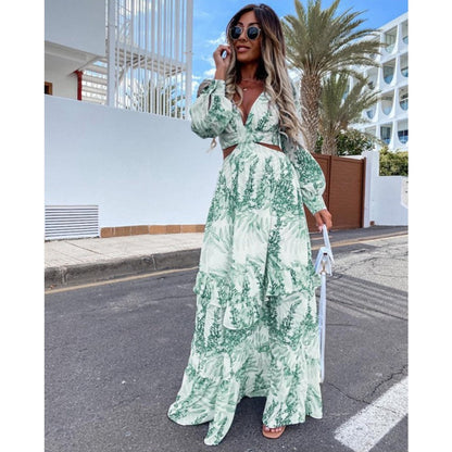 New Sexy Women Beach Dress Print Ruffle Bathing Suit Retro Cover Up Sexy Long Sleeve Swimwear Cover-Ups Tunic Bikini Beachwear