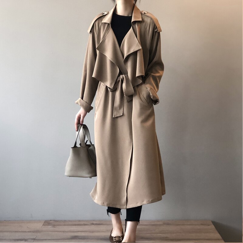 jinran Korean Vintage Loose Sashes Women Trench 2022 Autumn New Loose Turn-down Collar Long All Match Female Coats