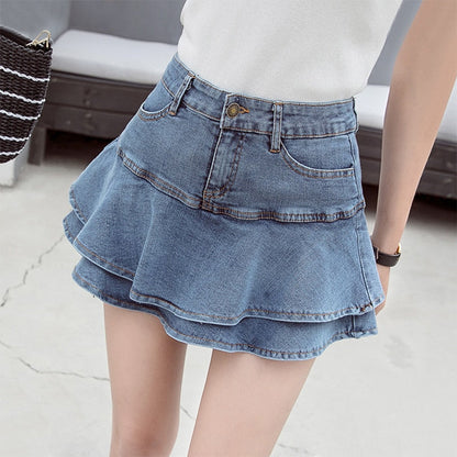 jinran 2022 Summer Low Waist A Line Denim Skirt Women Sexy Pleated Mini Jeans Skirts Korean Style Casual Ruffles Wild Skirt Shorts