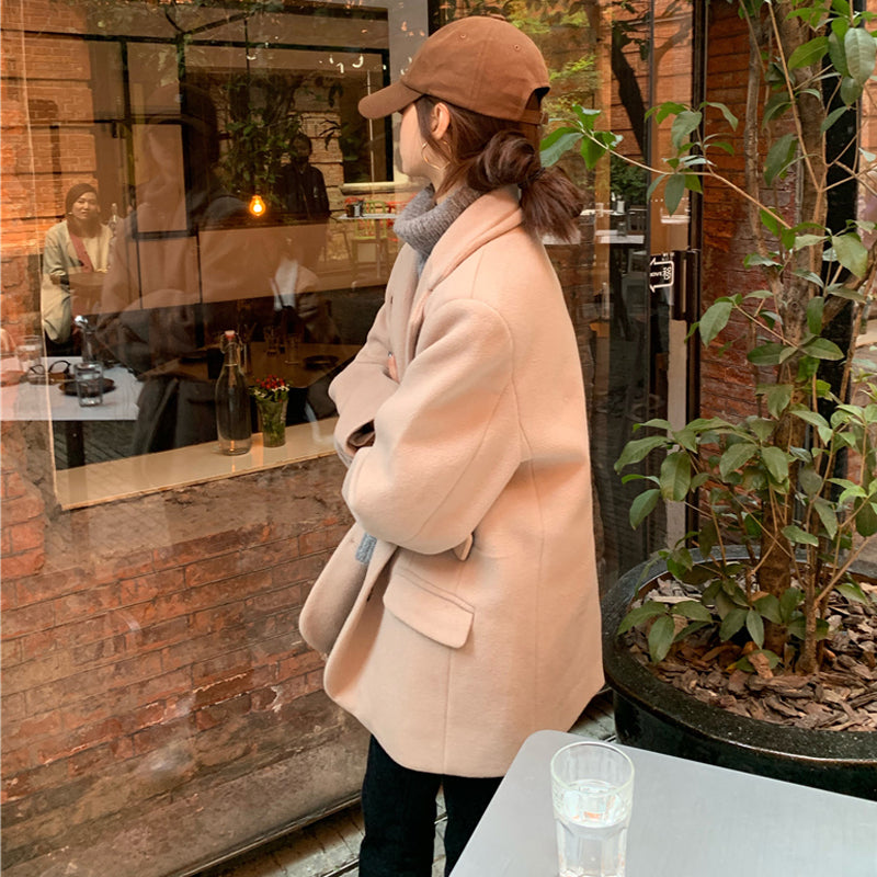 jinran Autumn Warm Wool Tailored Coats Women Loose Apricot Solid Suit Jackets Patchwork Long Sleeves Outwear Korean Fashion New