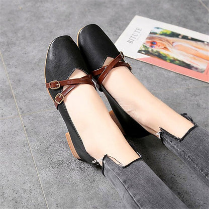 jinran Casual Women Shoes 2022 New Fashion Belt Buckle Shallow Woman Pumps Square Toe Soft Leather Med Heels Work Ladies Pregnant Shoes