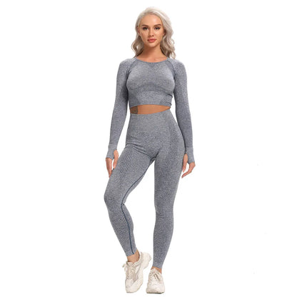 jinran Women New Seamless Yoga Set Gym Clothing Fitness Leggings+Cropped Shirts Sport Suit Women Long Sleeve Tracksuit Active Wear