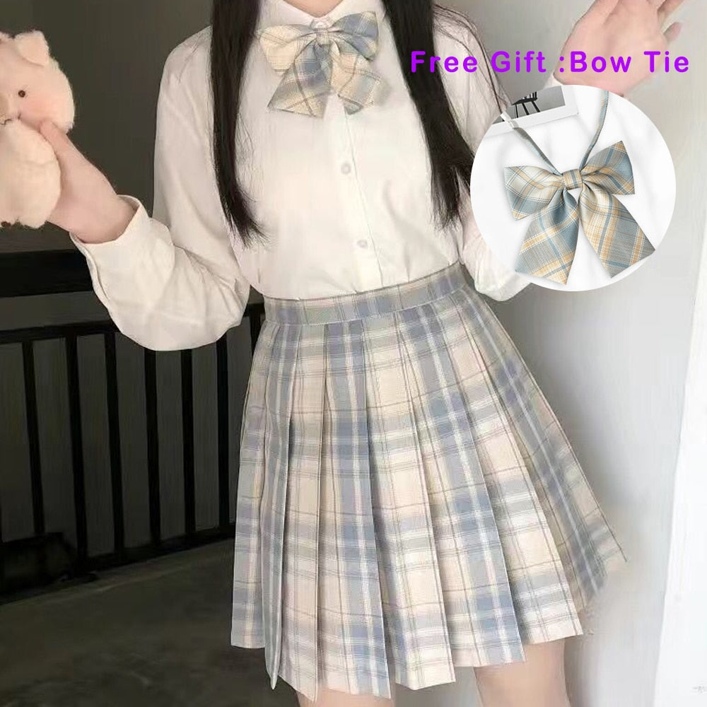 jinran Pleated Harajuku Preppy Style Summer Women Skirt Plaid Kawaii Y2K High Waist Dance Bow Skirt Mini Cute Japanese School Uniforms