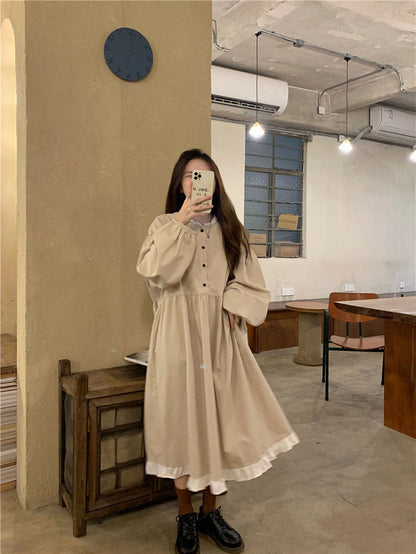 jinran Patchwork Dresses Women Loose Button Students Leisure Long Sleeve Mid-calf Ulzzang Hipster High Quality Females Daily Autumn New