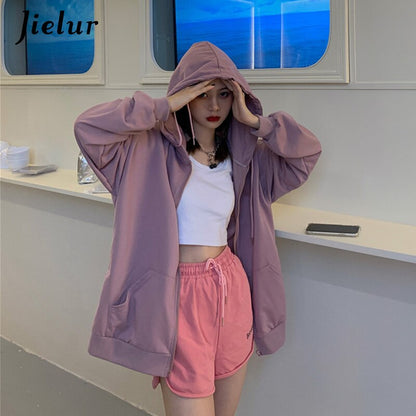 jinran Autumn Zipper New Hoodie Women Solid Color Korean Loose Pocket Hoodies Female Chic Slim Black Sweatshirt 12 Colors