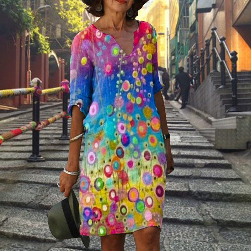 jinran Women Elegant Dress Summer Fashion Loose V-Neck Half Sleeve A-Line Dress Sundress Female Vintage Print Midi Dresses Vestidos