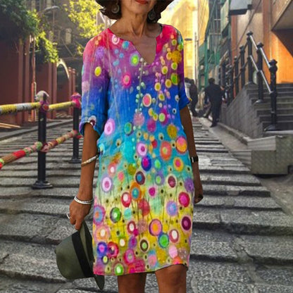 jinran Women Elegant Dress Summer Fashion Loose V-Neck Half Sleeve A-Line Dress Sundress Female Vintage Print Midi Dresses Vestidos