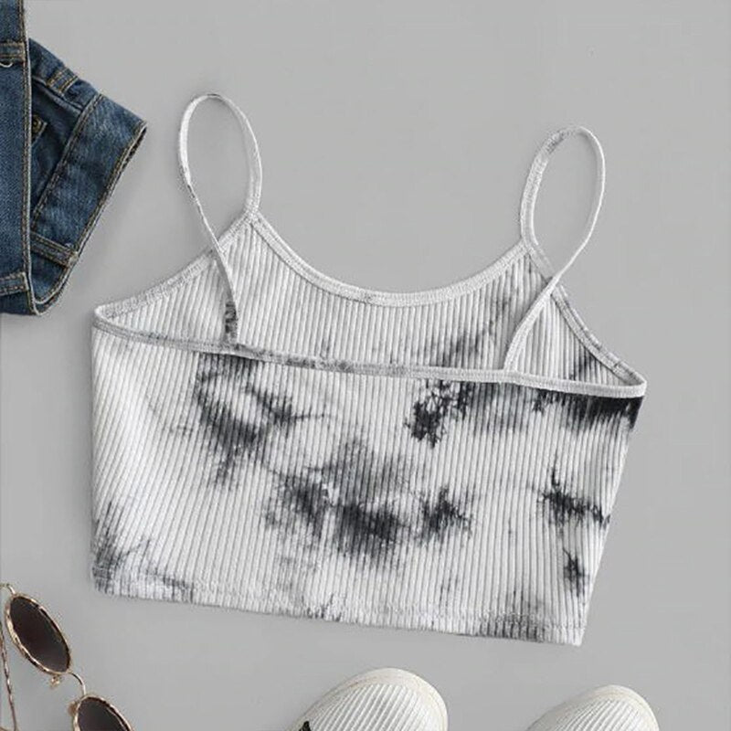 jinran Summer Sexy Camis Top Women Sleeveless Tie-Dye Print Short Slim Crop Tank Top Harajuku Ribbed Knit Spaghetti Strap Sling Vest