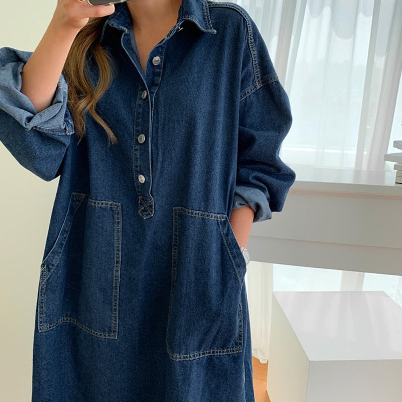 jinran Women's Autumn Long Sleeve Denim Shirt Dress Za Button Pocket Jeans Casual Loose Femme Streetwear Cowboy Midi Robe Dresses