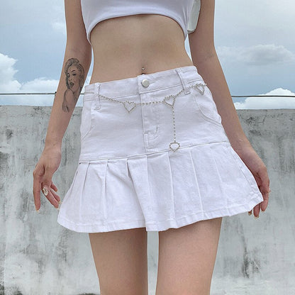 jinran Women High Waist Denim Skirt Women Summer Korean Harajuku Ruffles Jeans Skirt Shorts Punk Y2K Mini Pleated Skirt Streetwear