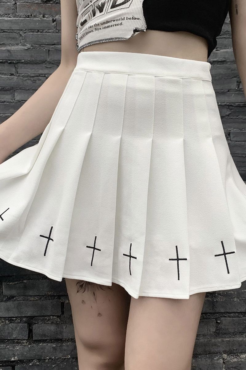 jinran Dark Goth Skirt Women Summer High Waist Harajuku Pleated Mini Skirts Vintage Gothic Punk White Black Skirts Korean A-line Skirts