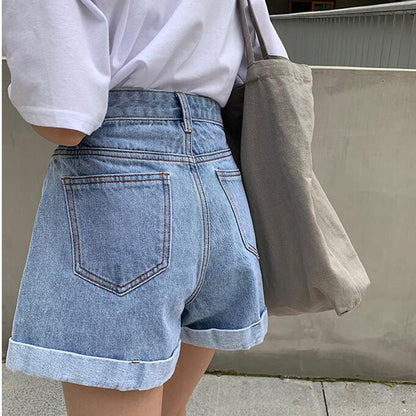 jinran New 2022 High Waist Denim Shorts Women Casual Loose Ladies Fashion Plus Size Elastic Waist Wide Leg Short Jeans Female