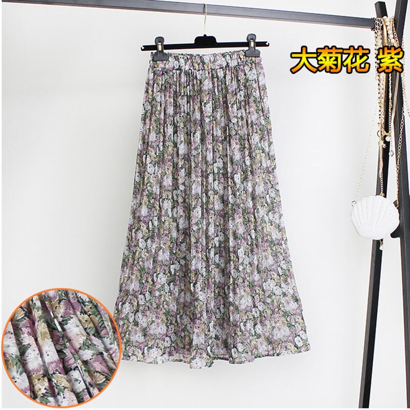 jinran Women Summer Boho Chiffon Long Skirt Elegant Floral Print Pleated Skirts Elastic High Waist Casual Midi Skirt Women Clothes 2021