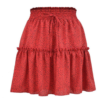 jinran Women High Waist Dot Ptint Chiffon Skirt Casual Tie Up Ruffled Pleated Mini Skirts Elegant Summer Beach Skirt 2022