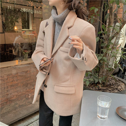 jinran Autumn Warm Wool Tailored Coats Women Loose Apricot Solid Suit Jackets Patchwork Long Sleeves Outwear Korean Fashion New