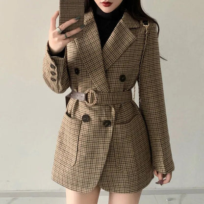 jinran Vintage Houndstooth Jacket Blazer Women Plaid Lady Suit Jacket with Belt Long Sleeve Female Tailored Coat Street Wear New