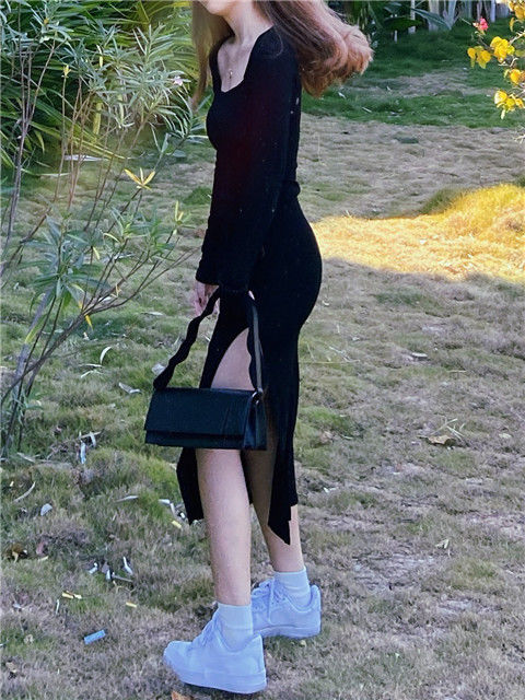 jinran Women Long Sleeve Dress Mid-calf Length Square Collar Black Sheath Retro Slim Sexy Vintage Side Slit Stretchy All-match Simple