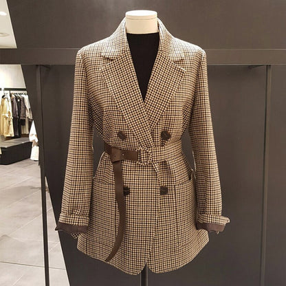 jinran Vintage Houndstooth Jacket Blazer Women Plaid Lady Suit Jacket with Belt Long Sleeve Female Tailored Coat Street Wear New