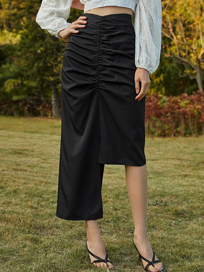 jinran 2022 Women Summer Pleated Irregular Elegant Sexy Casual Basic Skirt Zipper High Waist Solid Straight Office Lady