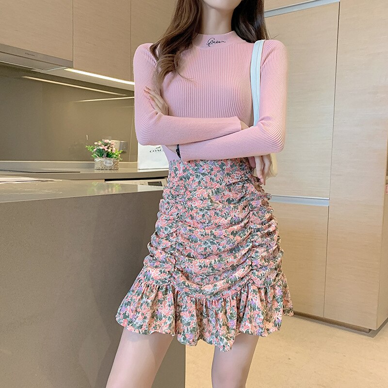 jinran Women Summer High Waist Floral Print Ruffles Mini Shirts Korean Style Elegant Pleated Bodycon Skirt Boho Beach Party Short Skirt