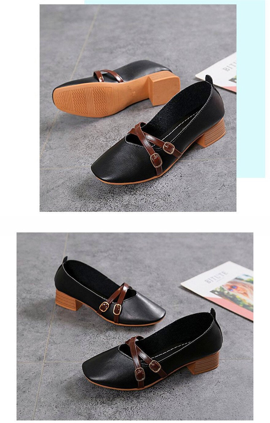 jinran Casual Women Shoes 2022 New Fashion Belt Buckle Shallow Woman Pumps Square Toe Soft Leather Med Heels Work Ladies Pregnant Shoes