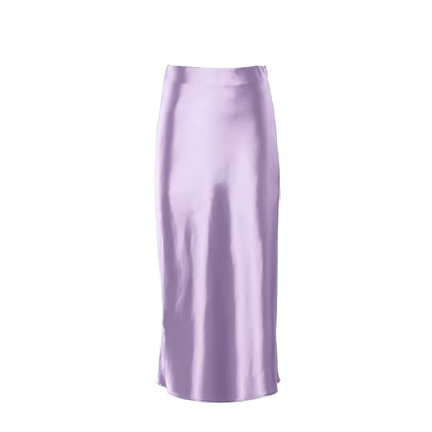 jinran  Solid Purple Satin Silk Skirt Women High Waisted Summer Long Skirt New Elegant Ladies Office Skirts Midi Spring