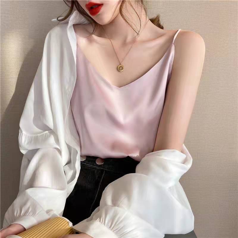 jinran 2022 Spaghetti Strap Top Women Halter V Neck Basic White Cami Sleeveless Satin Silk Tank Tops Women'S Summer Camisole