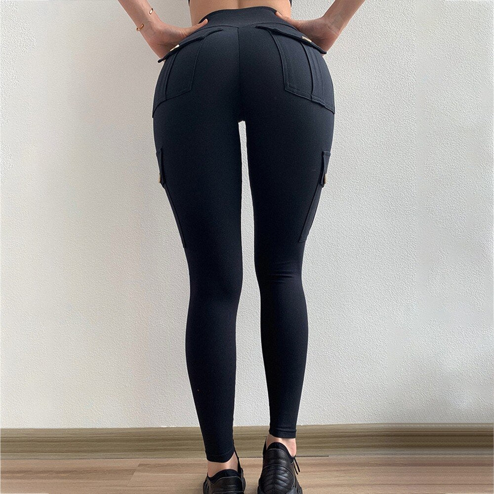 jinran New Women Leggings Withe Pocket Solid High Waist Push Up Polyester Workout Leggings Cargo Pants Casual Hip Pop Pants Fitness