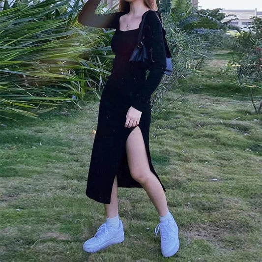 jinran Women Long Sleeve Dress Mid-calf Length Square Collar Black Sheath Retro Slim Sexy Vintage Side Slit Stretchy All-match Simple