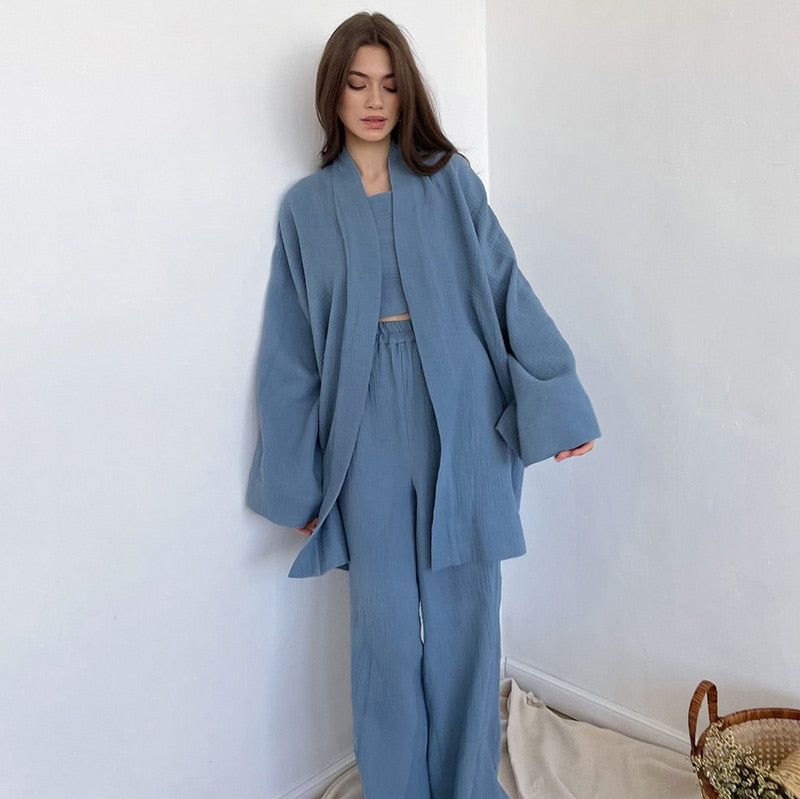 jinran Kimono Pajamas New 100% Cotton Crepe Long-Sleeved Trousers Ladies Sleepwear Suit Women's Home Service Mujer