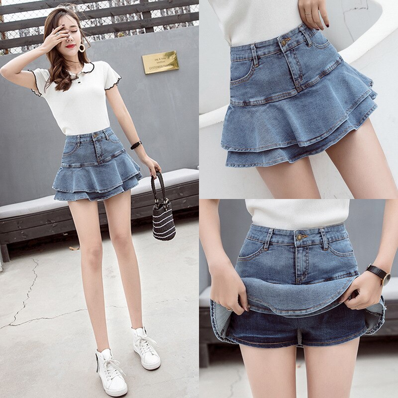 jinran 2022 Summer Low Waist A Line Denim Skirt Women Sexy Pleated Mini Jeans Skirts Korean Style Casual Ruffles Wild Skirt Shorts