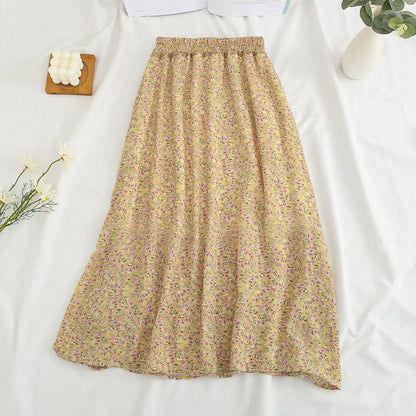 jinran Summer Long Skirts for Women Boho Elegant Floral Print Pleated A Line Skirt Korean Harajuku Chic Simple Midi Chiffon Skirts