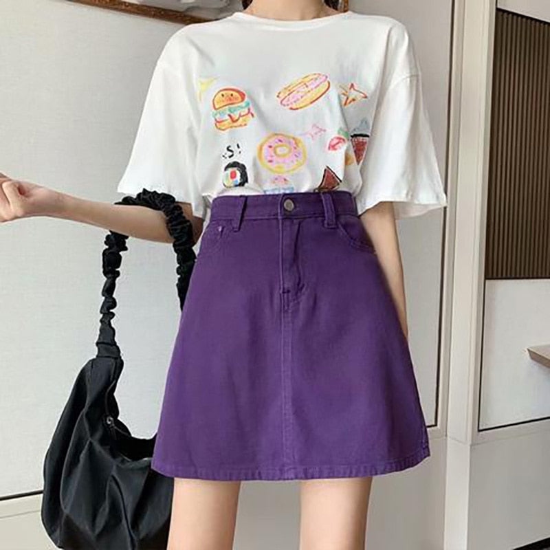 jinran Women Korean Harajuku Denim Skirt Casual Summer High Waist Elegant Solid Simple Wild A Line Mini Skirts Vintage Y2K Streetwear