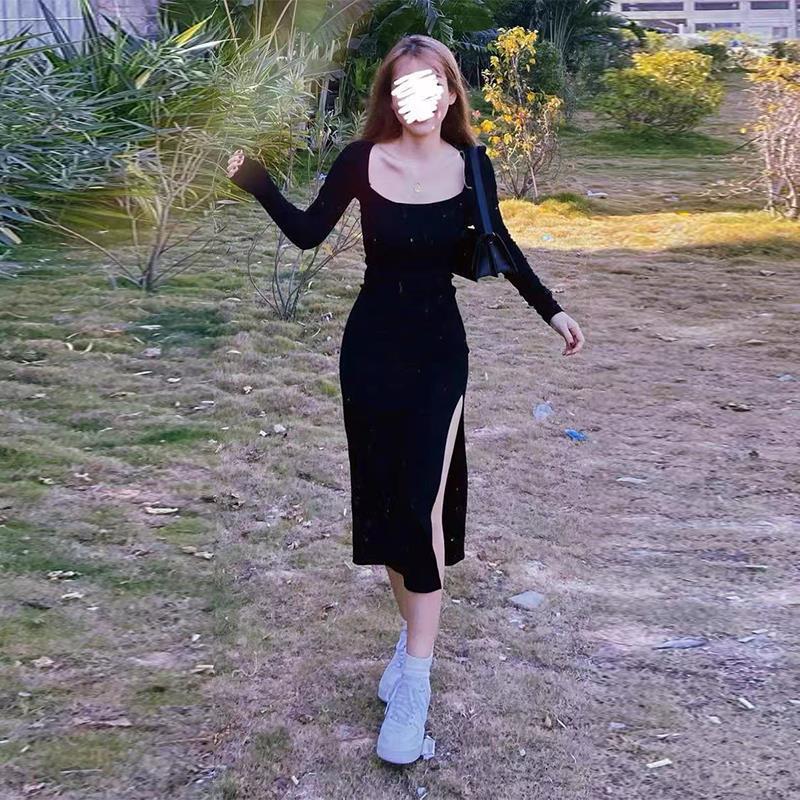 jinran Women Long Sleeve Dress Mid-calf Length Square Collar Black Sheath Retro Slim Sexy Vintage Side Slit Stretchy All-match Simple