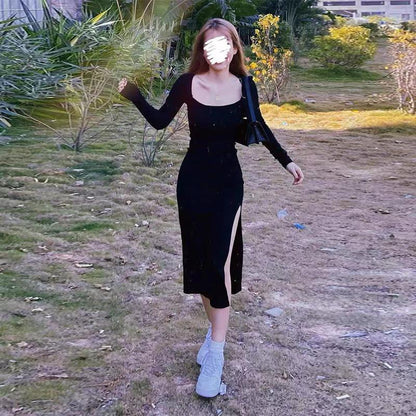 jinran Women Long Sleeve Dress Mid-calf Length Square Collar Black Sheath Retro Slim Sexy Vintage Side Slit Stretchy All-match Simple