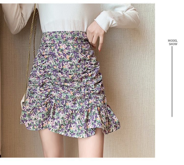 jinran Women Summer High Waist Floral Print Ruffles Mini Shirts Korean Style Elegant Pleated Bodycon Skirt Boho Beach Party Short Skirt