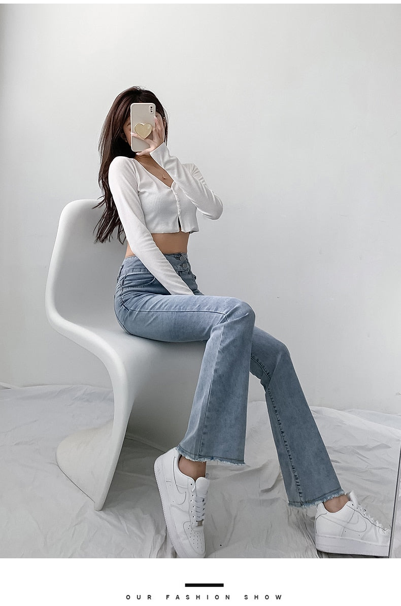 jinran Jeans Women Solid Blue Sexy Slimhigh Waist Jean Simple Ladies  Full Length Mom Cowboy Denim Flared Pants Mujer 2022 Spring New