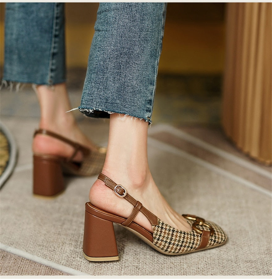 jinran Fashion Metal Buckle Women Sandals New Spring Square Toe Retro Plaid Fabric Woman Pumps Thick Heels Back Strap Lady Office Shoes