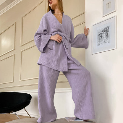 jinran Kimono Pajamas New 100% Cotton Crepe Long-Sleeved Trousers Ladies Sleepwear Suit Women's Home Service Mujer