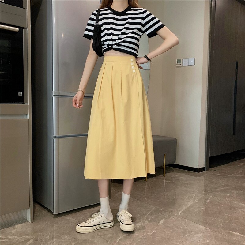 jinran Korean High Waist A Line Skirts for Women Summer Elegant Chic Teenis Midi Skirt Casual Student Wild Pleated A Lind Skirts y2k