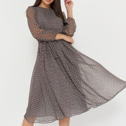 jinran Casual Polka Dot Print Chiffon Dress Woman High Waist Lantern Sleeve A-Line Knee-Length Dress Holiday New Fashion