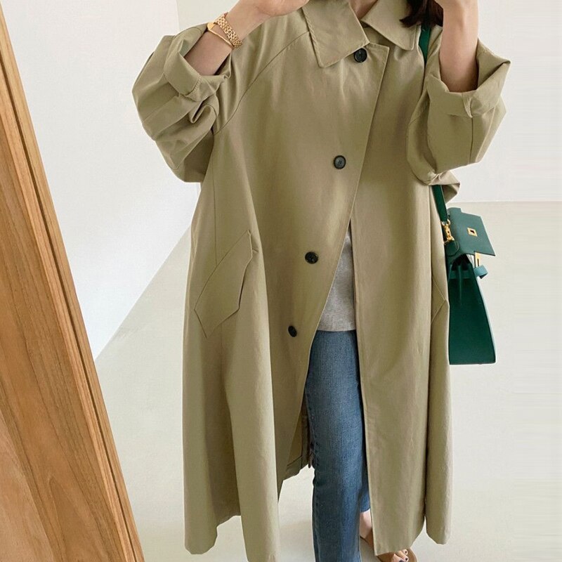 jinran Spring Autumn Long Korean Simple Women Trench Coat 2022 Spring New Loose Turn-down Collar Button Women Coats