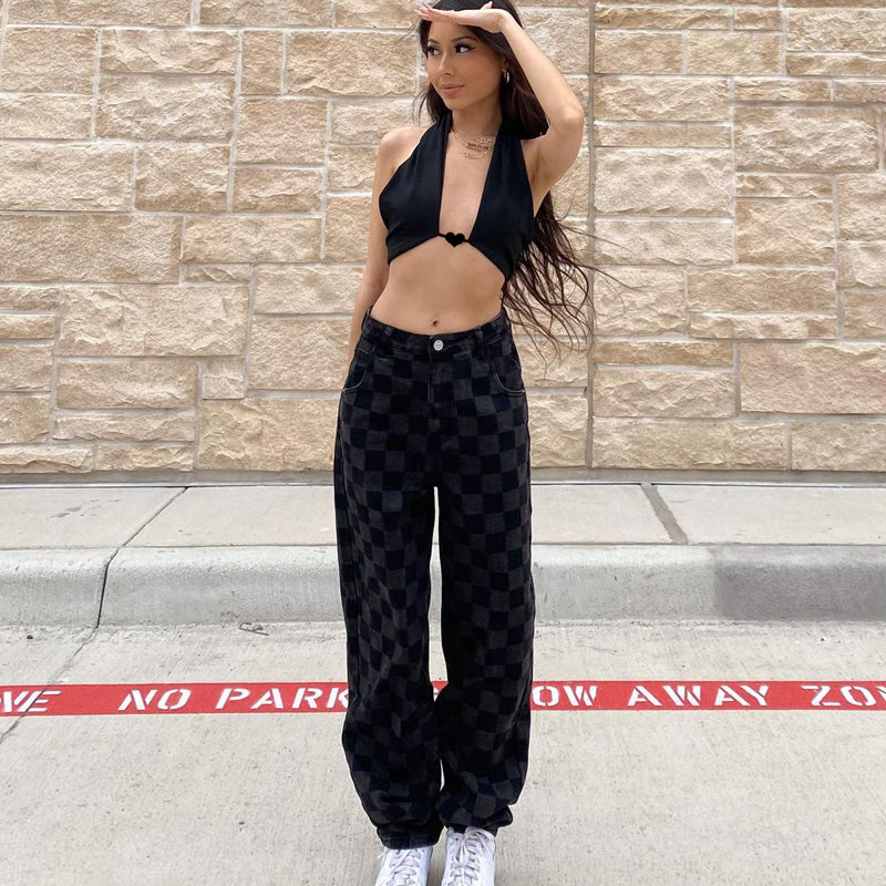 jinran Plaid Checkerboard Print Women High Waist Wide Leg Jeans Straight Pants Loose Casual Streetwear 2021 Summer Trousers