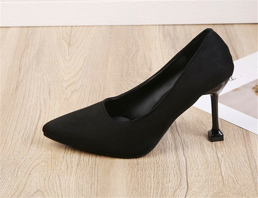 jinran 5/7/9cm Comfort High Heels Ladies Work Shoes New Autumn Black Flock Shallow Wild Women Pumps Pointy Toe Dress Office Shoes Woman