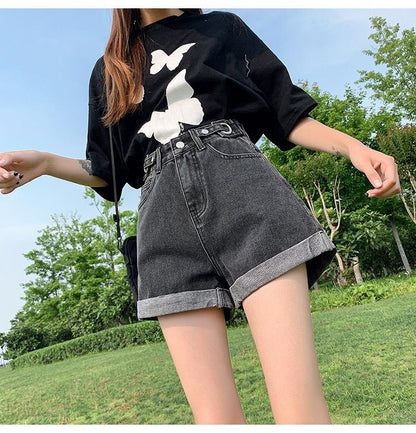 jinran Summer New Women Adjustable Waist Slim Short Jeans Lady High Street Wide Leg Short Pants Female High Waist A-Line Shorts